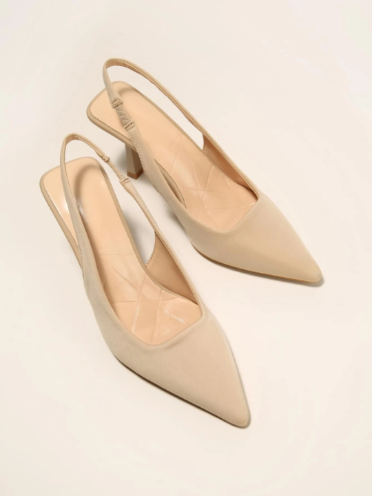 Women's Pointed Toe Slip On Spring, Summer, Autumn High-Heel Work Shoes With Apricot Suede Fabric And Back Strap