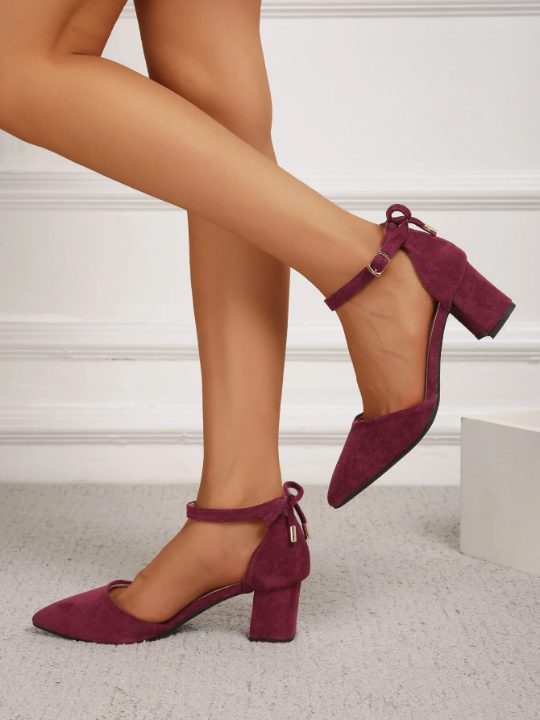 Bow Decor Point Toe Chunky Heeled Suedette Ankle Strap Pumps