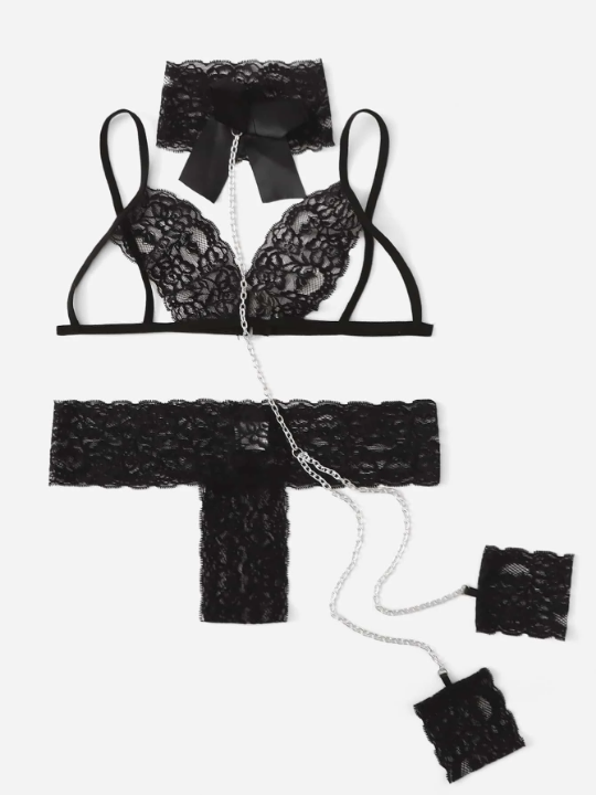 Floral Lace Lingerie Set With Chain Linked Choker