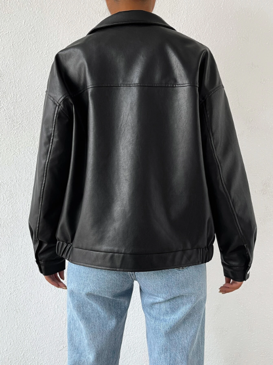 EZwear Drop Shoulder Zip Up PU Cropped Leather Jacket