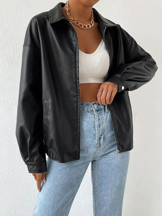 EZwear Drop Shoulder Zip Up PU Cropped Leather Jacket