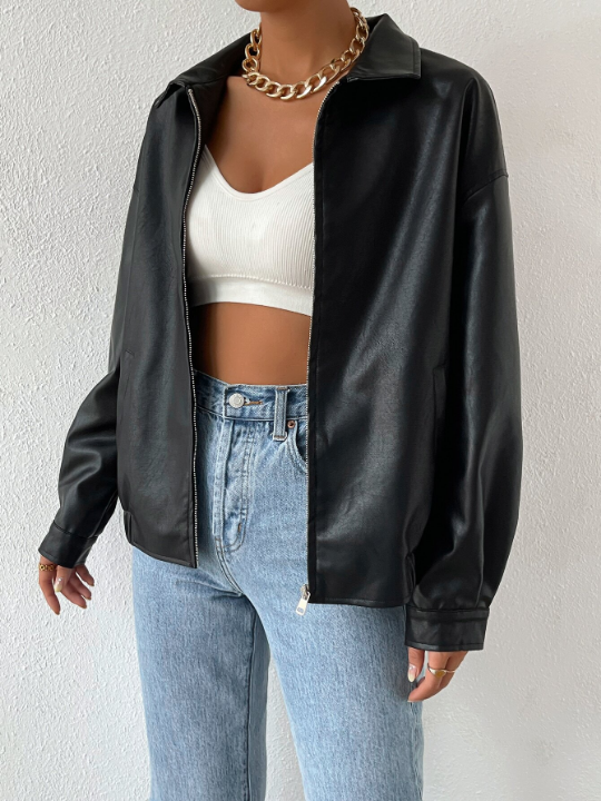 EZwear Drop Shoulder Zip Up PU Cropped Leather Jacket