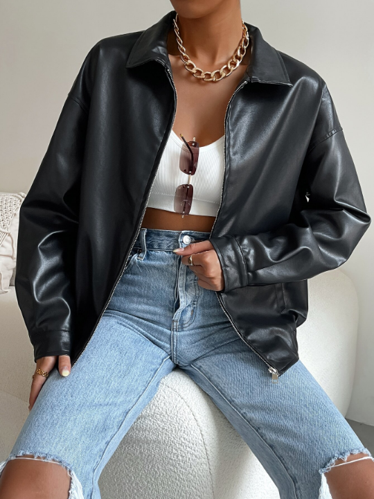 EZwear Drop Shoulder Zip Up PU Cropped Leather Jacket