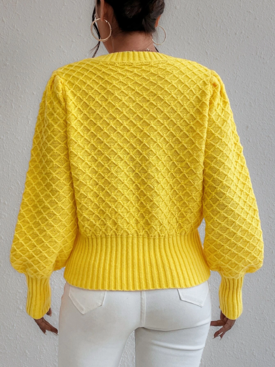 Frenchy Argyle Knit Lantern Sleeve Sweater