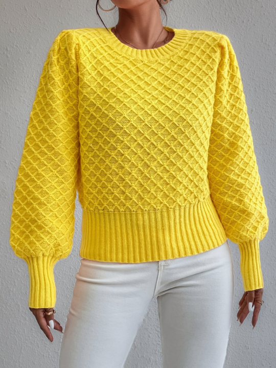 Frenchy Argyle Knit Lantern Sleeve Sweater