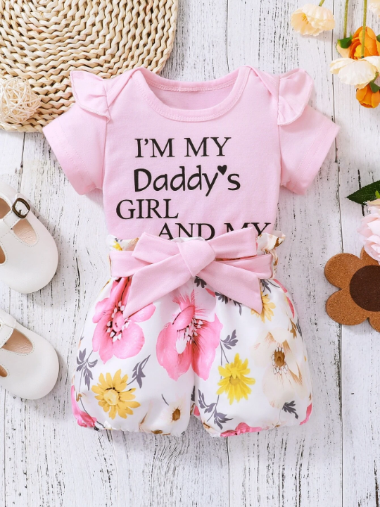 Baby Girl Slogan Graphic Ruffle Trim Bodysuit & Floral Print Belted Shorts