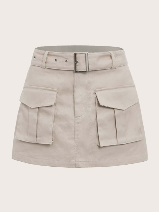 EZwear Grunge Black  Flap Pocket Buckle Belted Cargo Skirt-Khaki