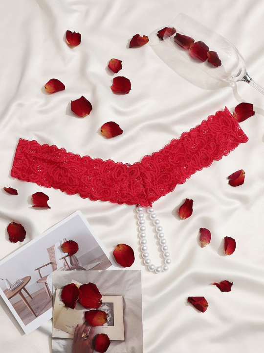 Faux Pearl Decor Floral Lace Panty