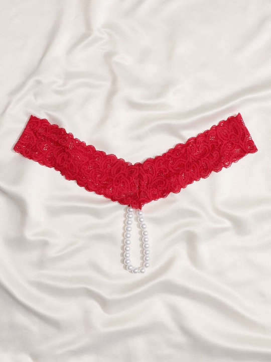 Faux Pearl Decor Floral Lace Panty