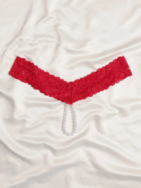 Faux Pearl Decor Floral Lace Panty