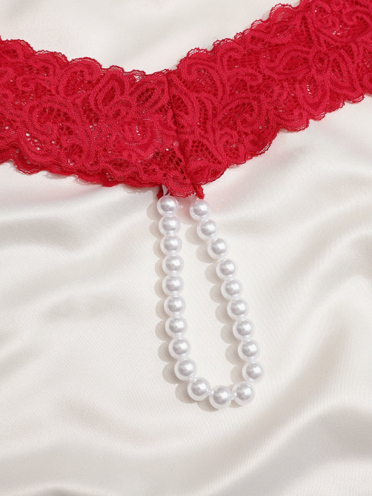 Faux Pearl Decor Floral Lace Panty