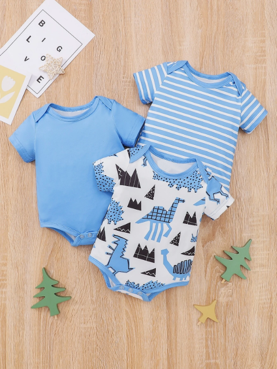 Baby Boy 3pcs Striped And Cartoon Dinosaur Bodysuit