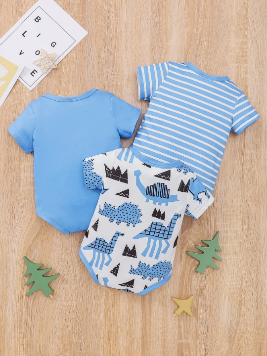 Baby Boy 3pcs Striped And Cartoon Dinosaur Bodysuit