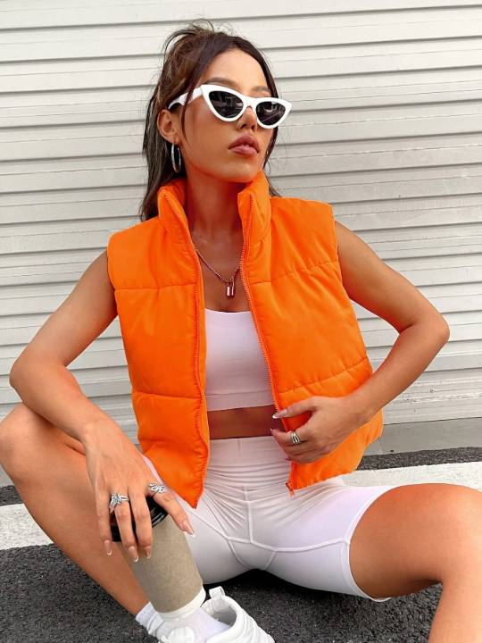 EZwear Neon-Orange Zip Up Vest Puffer Coat