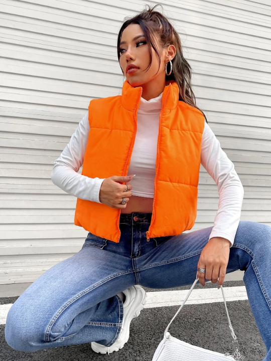 EZwear Neon-Orange Zip Up Vest Puffer Coat