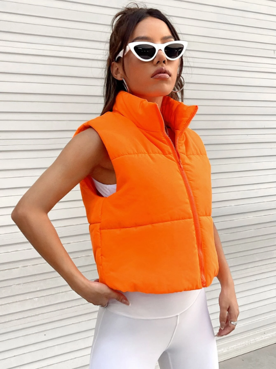 EZwear Neon-Orange Zip Up Vest Puffer Coat