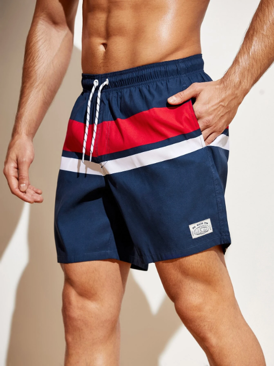 Manfinity Swimmode Men Colorblock Letter Patched Drawstring Waist Swim Trunks