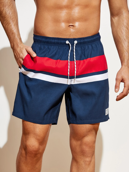 Manfinity Swimmode Men Colorblock Letter Patched Drawstring Waist Swim Trunks