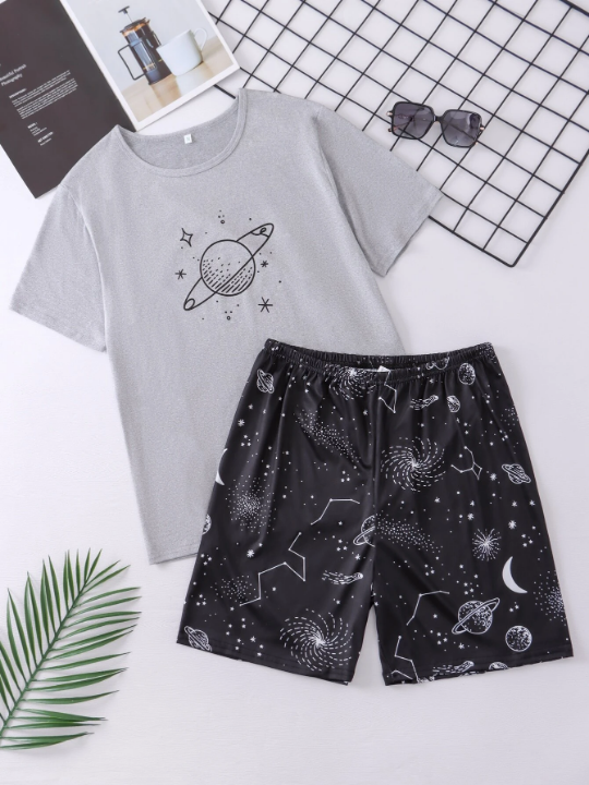 Men Galaxy Print PJ Set