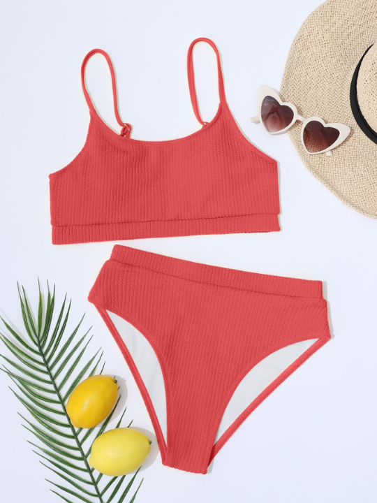 Swim Basics Ribbed Knit High Waisted Bikini Swimsuit