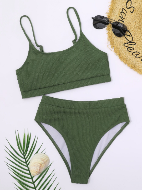 Swim Basics Ribbed Bikini Set Wireless Bra Top & High Waist Bikini Bottom 2 Piece Swimsuit