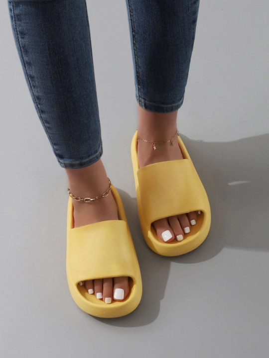 Minimalist Single Band Slides, Fashionable Yellow Solid Color Flip Flops / Sandals