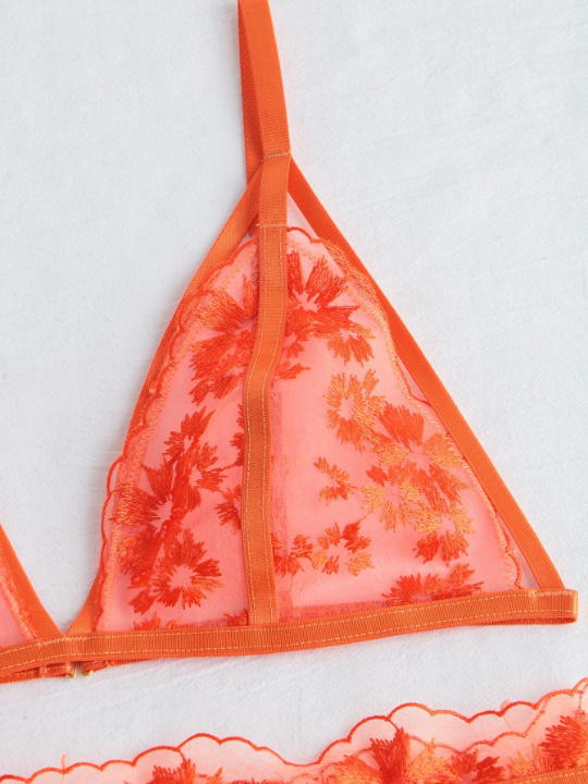 5pack Floral Embroidery Mesh Garter Triangle Lingerie Set