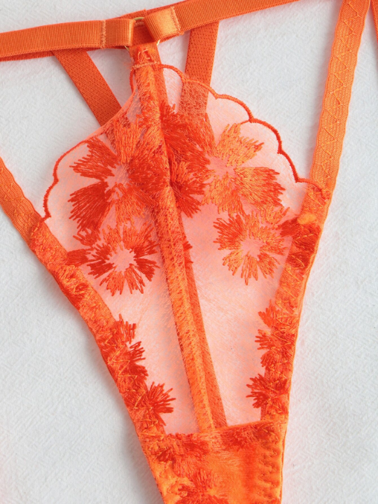 5pack Floral Embroidery Mesh Garter Triangle Lingerie Set