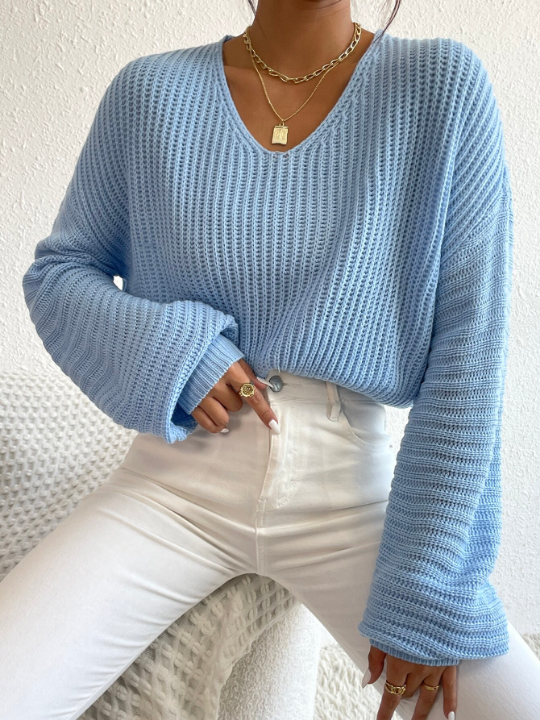 V Neck Drop Shoulder Sweater