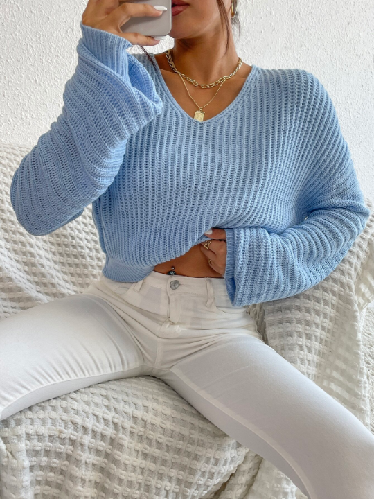 V Neck Drop Shoulder Sweater