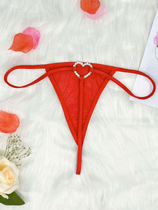 Rhinestone Heart Ring Linked Mesh Thong