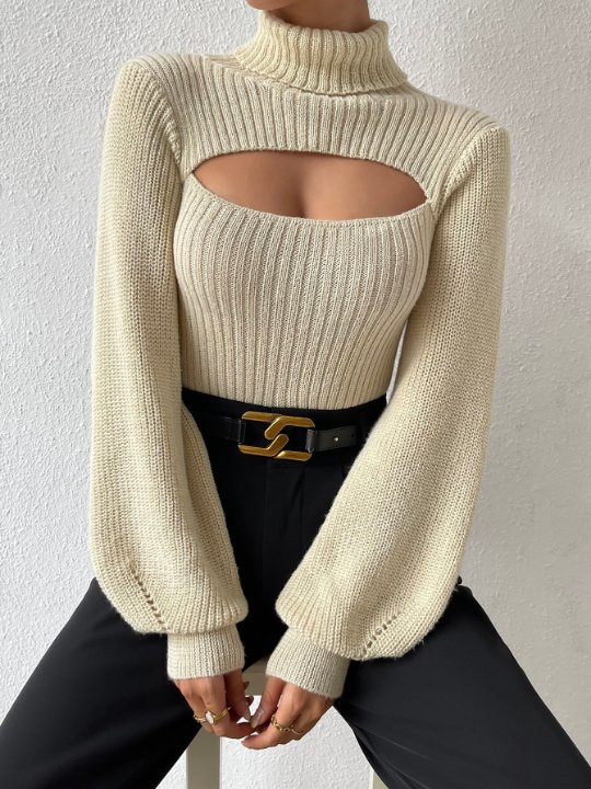 Essnce Turtleneck Cut Out Eyelet Detail Sweater