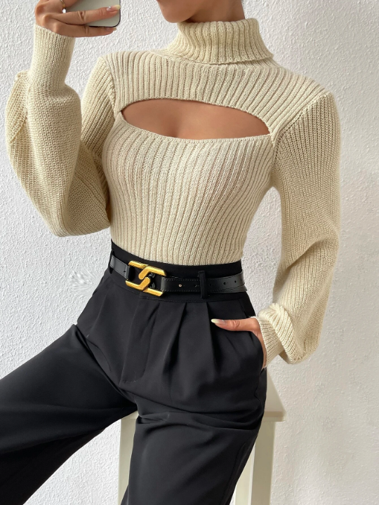 Essnce Turtleneck Cut Out Eyelet Detail Sweater