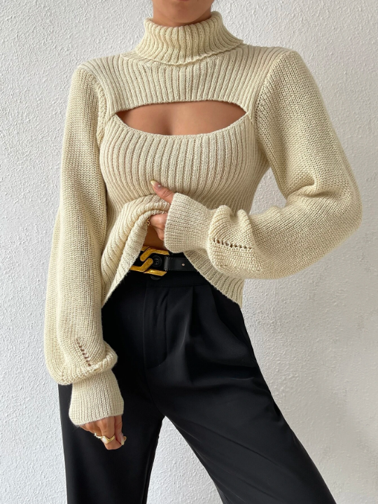 Essnce Turtleneck Cut Out Eyelet Detail Sweater