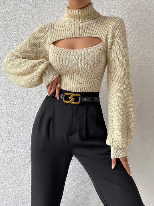 Essnce Turtleneck Cut Out Eyelet Detail Sweater