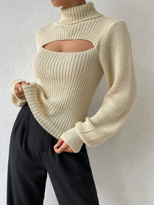 Essnce Turtleneck Cut Out Eyelet Detail Sweater