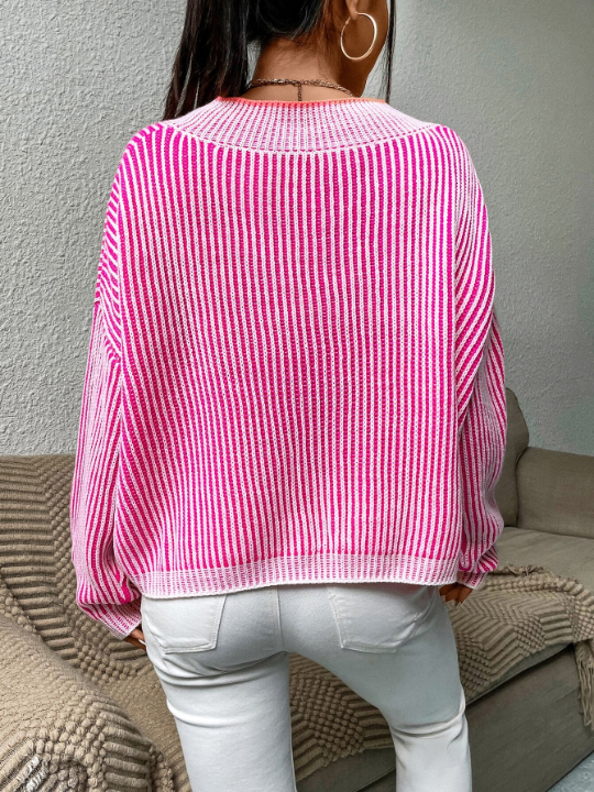 Priv Vertical Stripe Pattern Drop Shoulder Sweater