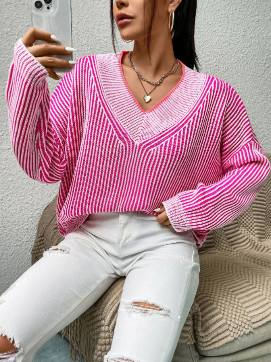 Priv Vertical Stripe Pattern Drop Shoulder Sweater