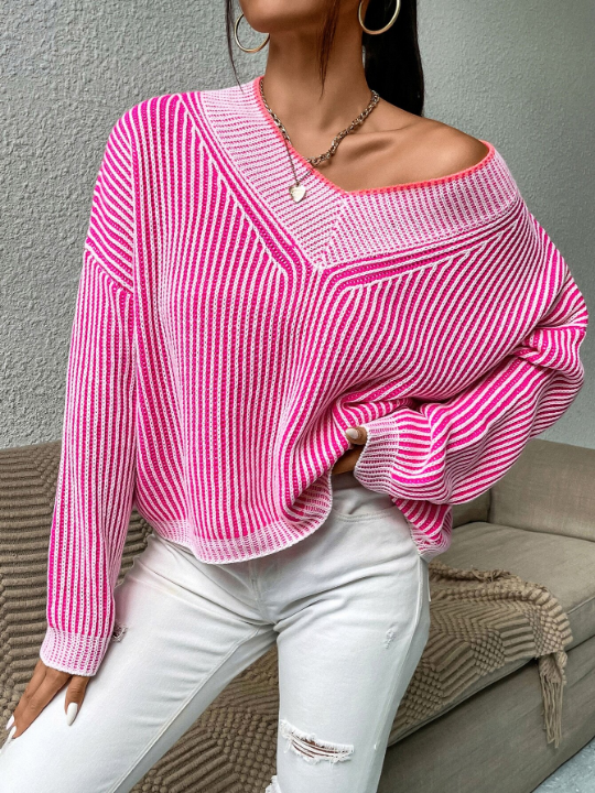 Priv Vertical Stripe Pattern Drop Shoulder Sweater