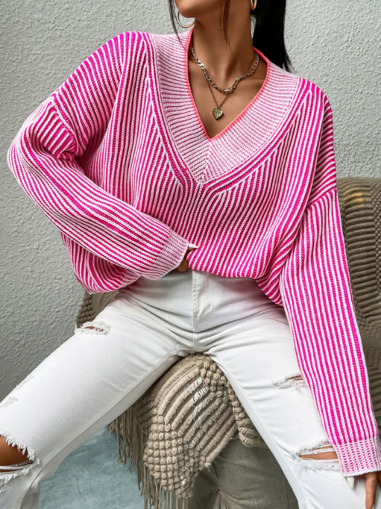 Priv Vertical Stripe Pattern Drop Shoulder Sweater