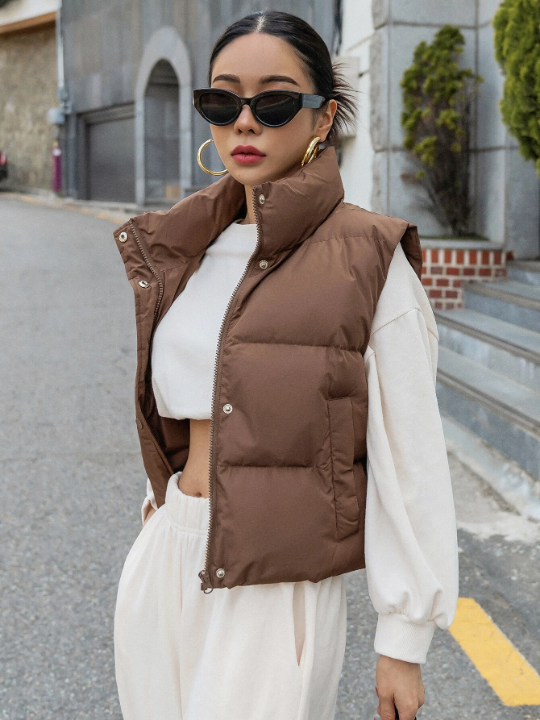 DAZY Zip Up Snap Button Puffer Vest Pockets Coat