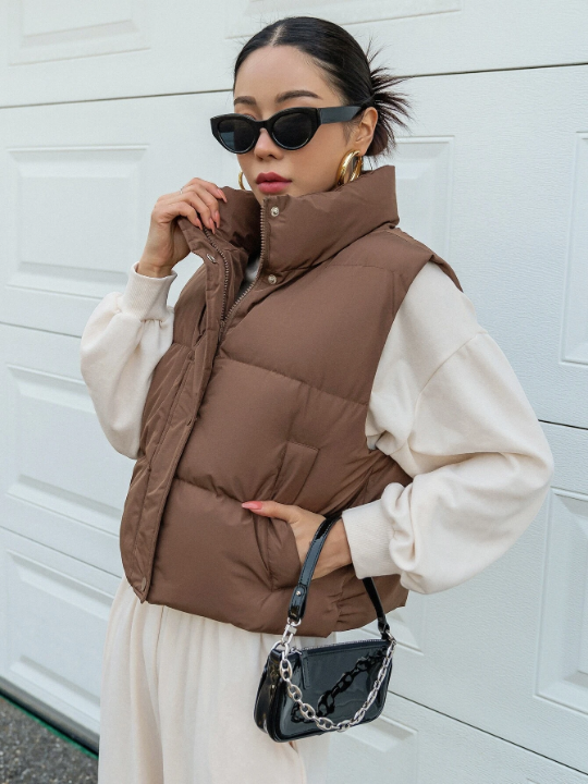 DAZY Zip Up Snap Button Puffer Vest Pockets Coat