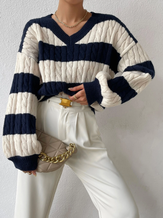 Essnce Two Tone Cable Knit Drop Shoulder Sweater