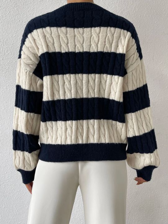 Essnce Two Tone Cable Knit Drop Shoulder Sweater