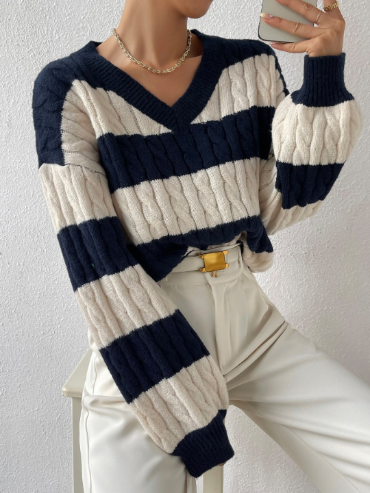 Essnce Two Tone Cable Knit Drop Shoulder Sweater