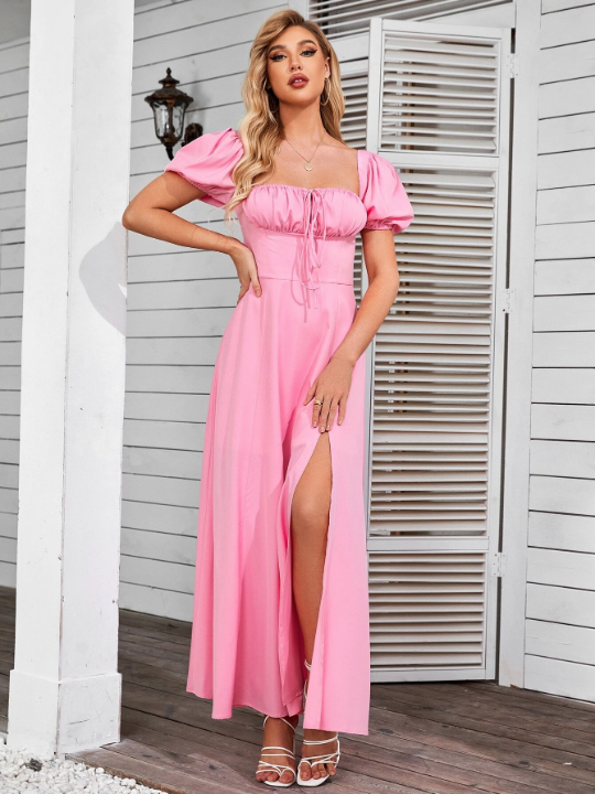 PARTHEA Puff Sleeve Tie Front Off Shoulder Slit Thigh Maxi Dress