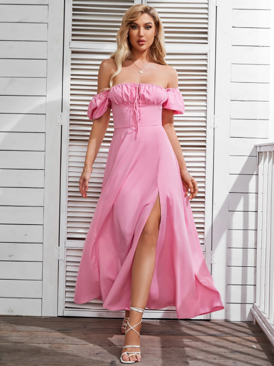 PARTHEA Puff Sleeve Tie Front Off Shoulder Slit Thigh Maxi Dress