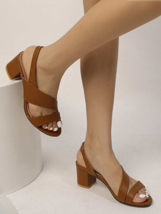 Chunky Heeled Slingback Sandals, Brown Elegant Solid Color Open-heel Design
