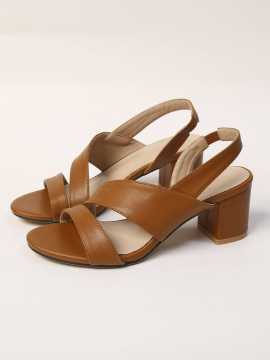 Chunky Heeled Slingback Sandals, Brown Elegant Solid Color Open-heel Design