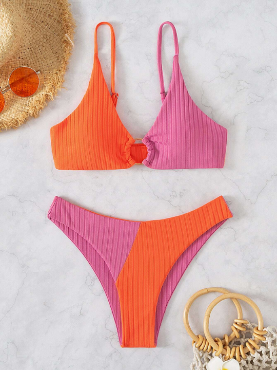 Swim Vcay Colorblock Ribbed Bikini Set Ring Linked Cami Bra & Bikini Bottom 2 Piece Bathing Suit